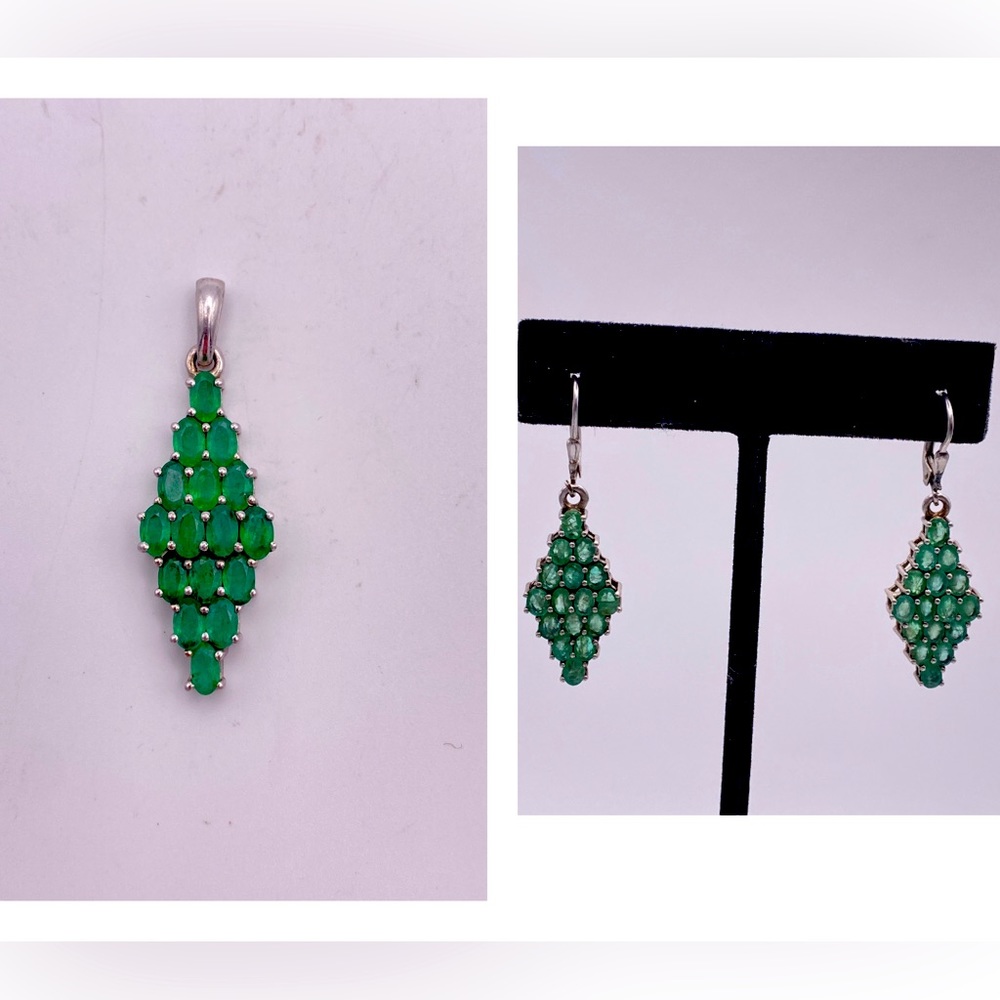 Genuine Columbian Emerald Cluster Earrings and Pendant Set; 925 Sterling Silver
